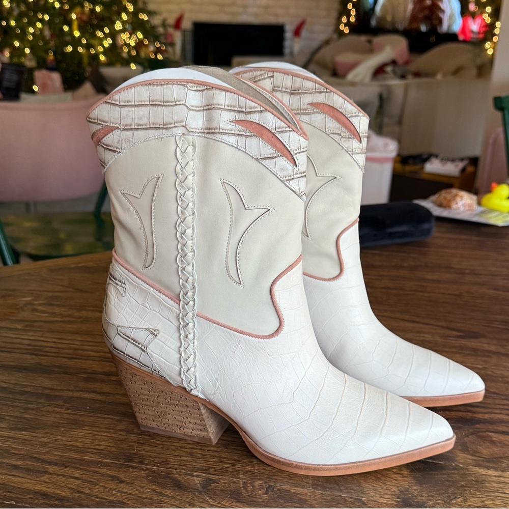 Dolce Vita Cream Croc-Embossed Heeled Boots
